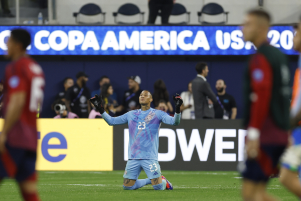 INGLEWOOD, CALIFORNIA - JUNE 24: Patrick Sequeira of Costa Rica prays at the end of the CONMEBOL Copa America 2024 Group D match between Brazil and Costa Rica at SoFi Stadium on June 24, 2024 in Inglewood, California. 
